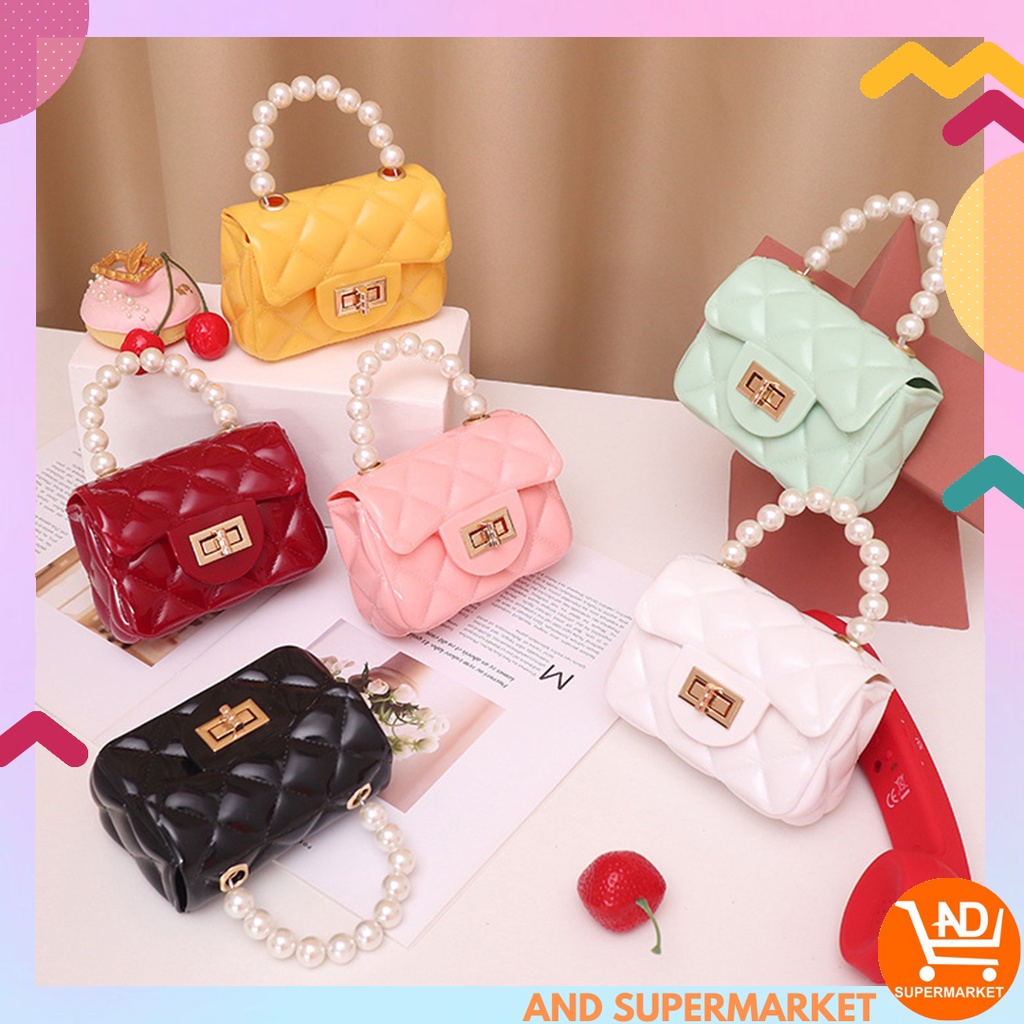 AND /COD / Tas Slempang Mini Dengan Mutiara Bahan Jelly Glossy Tas Pesta Wanita Gaya Korea Hits T213