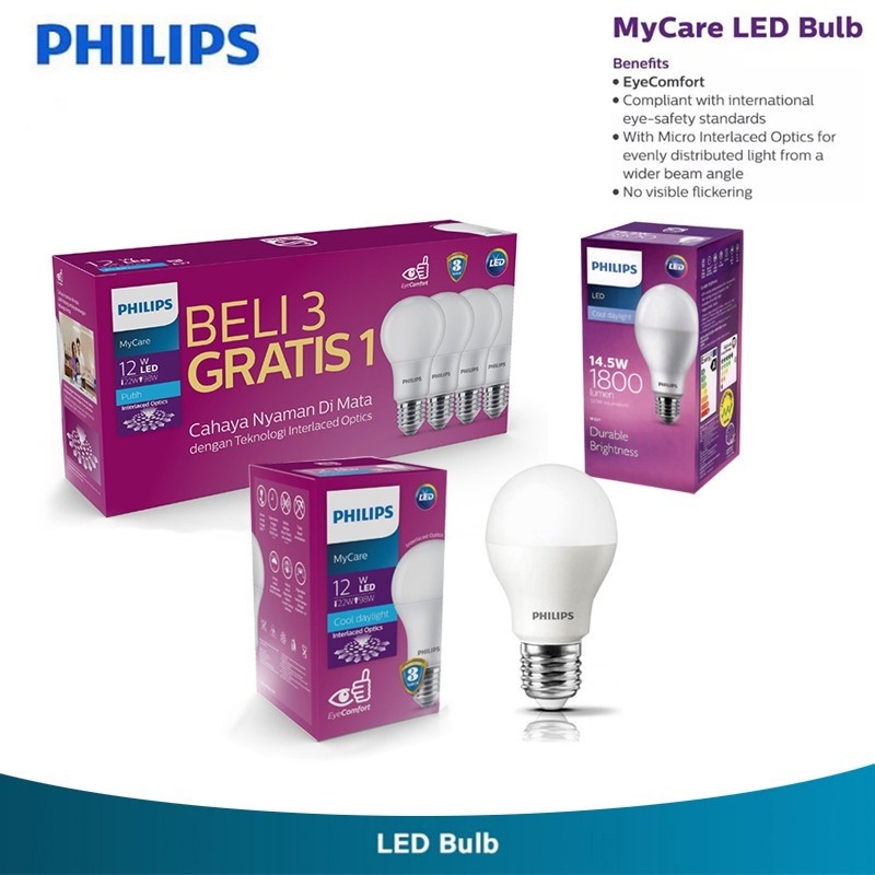 Philips MultiPack MyCare LEDBulb 12W 14.5W / 8W 10W 12W 4PCS 6500K Putih beberapa bungkus (beli tiga gratis satu)