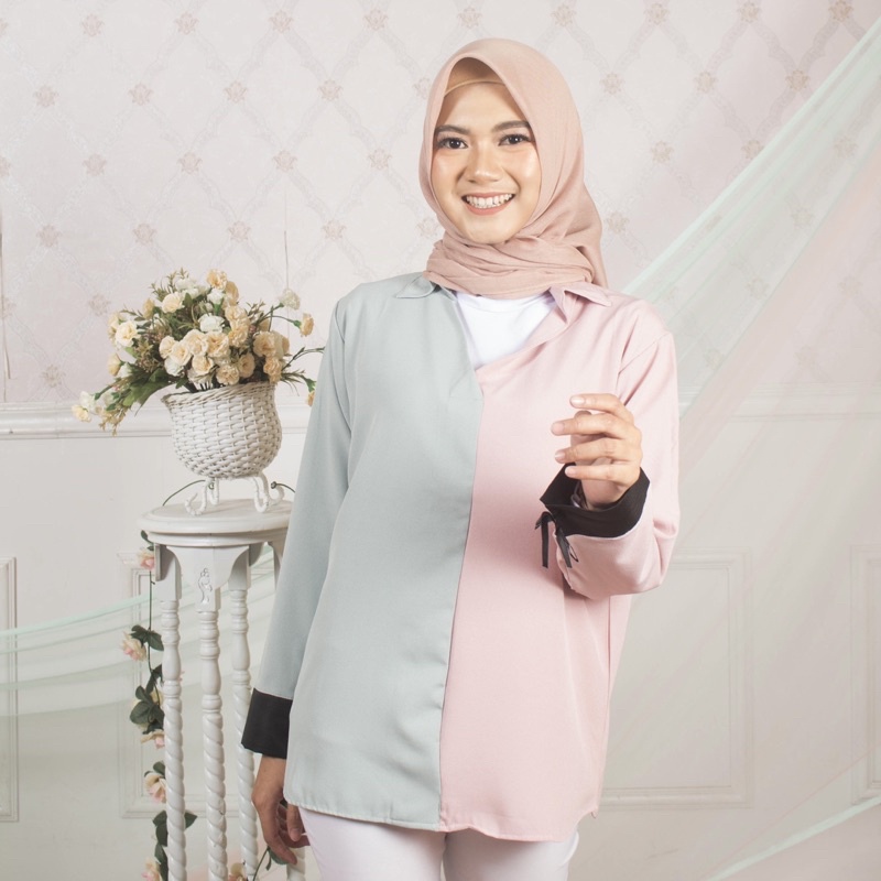 Nouri Avani Kemeja Blouse Two tone Tosca Baby Pink Moschino Premium