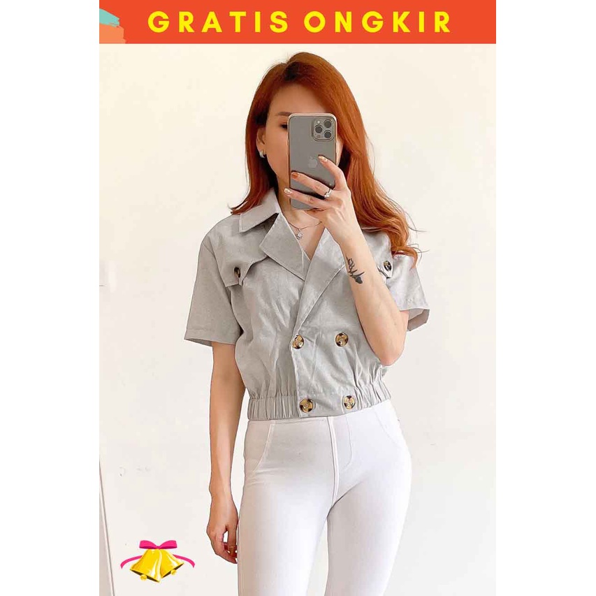 COTTONBELLS ATASAN CASUAL WANITA QILLA BUTTON PLAID V CROP TOP (AL - B 12511)-5