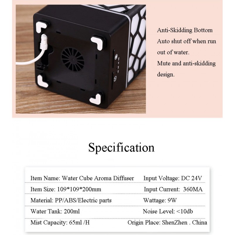 Ultrasonic Water Cube Humidifier Essential Oil 7 Colors LED - Kapasitas 200ml