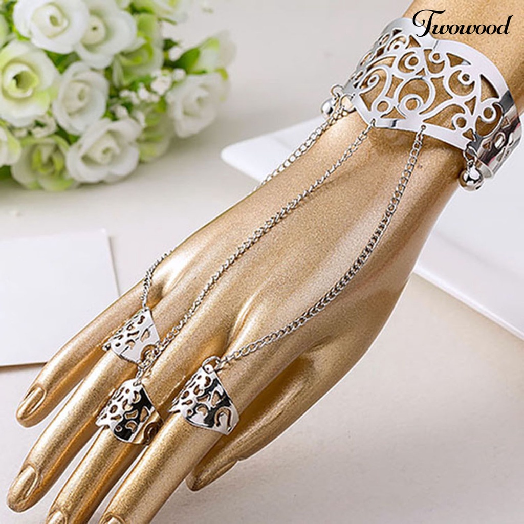 Twowood Multilayer Tassel Bell Hand Harness Bracelet Hollow Engraved Pattern Adjustable Bangle Finger Chain Jewelry Accessories