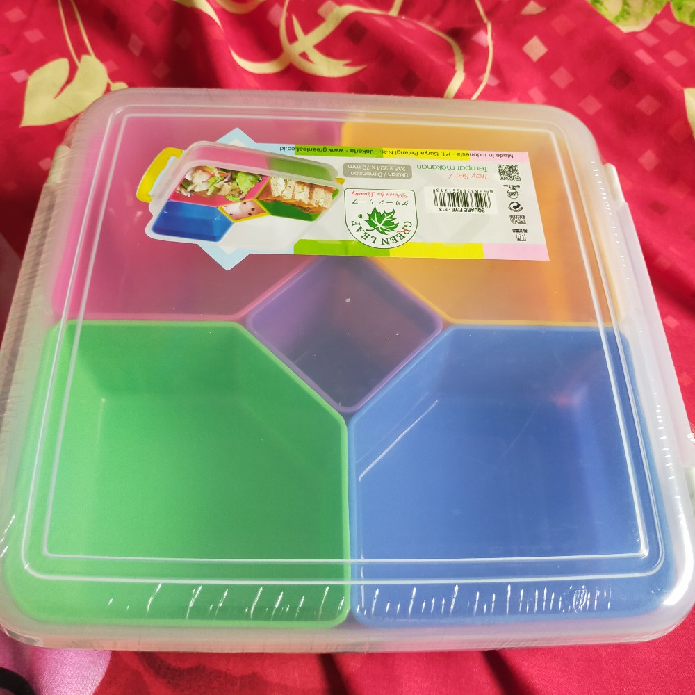 Batamgrosir.id | Toples Kue Lebaran - Kotak Kacang Tempat Cemilan 5in1 - Wadah Saji Green Leaf 513