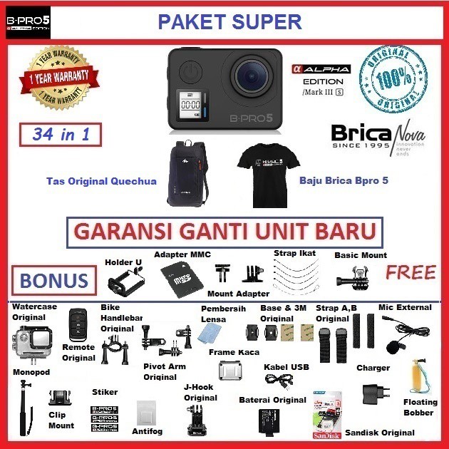 (34 in 1) Paket Super Brica Bpro 5 AE Mark 3s IIIs Action Camera Original Baru Garansi