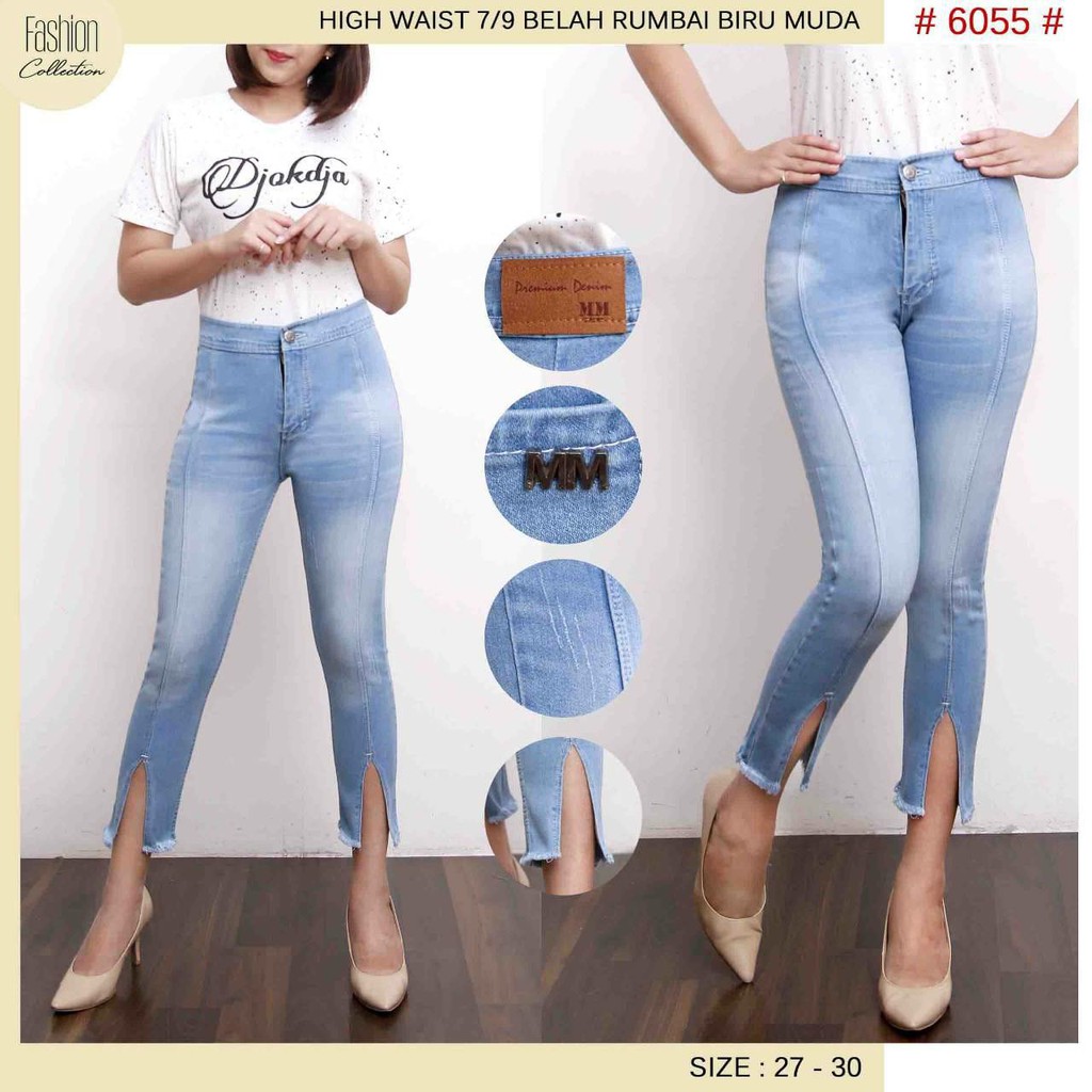 Celana Jeans Wanita Highwaist 7/9 Slit Depan Rawis 27 28 29 30 Bisa Bayar Ditempat(COD)