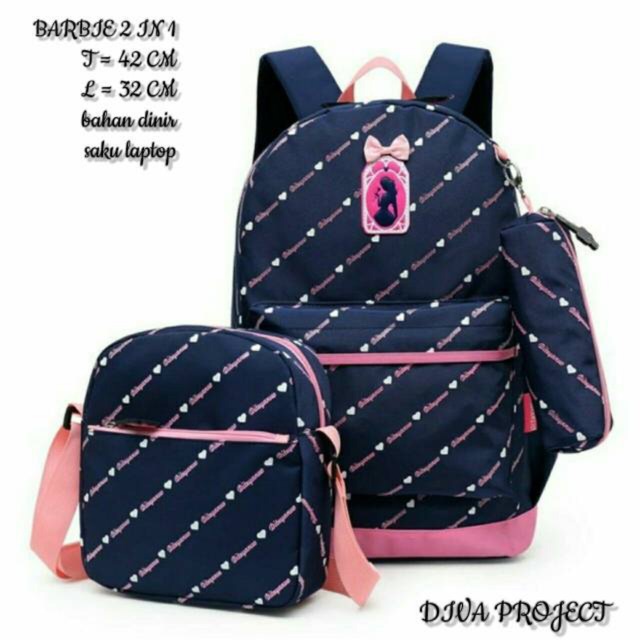 PROMO Fashion ransel 3in1 motif barbie MIRROR /tas sekolah /tas ransel 1set murah