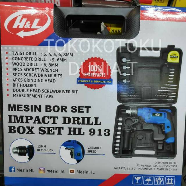 Mesin Bor Listrik Set H&amp;L 13mm Impact Drill Box Set Komplit HnL HL913