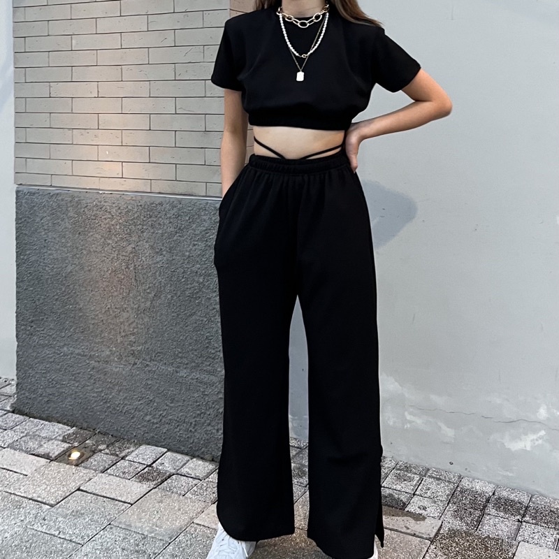 waffle knit set/cullote/crop top