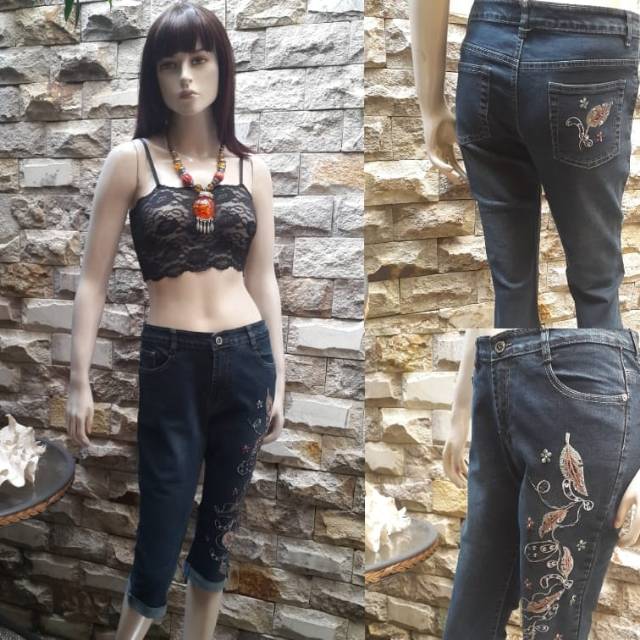 Celana jeans 7/8 bordir daun kualitas import