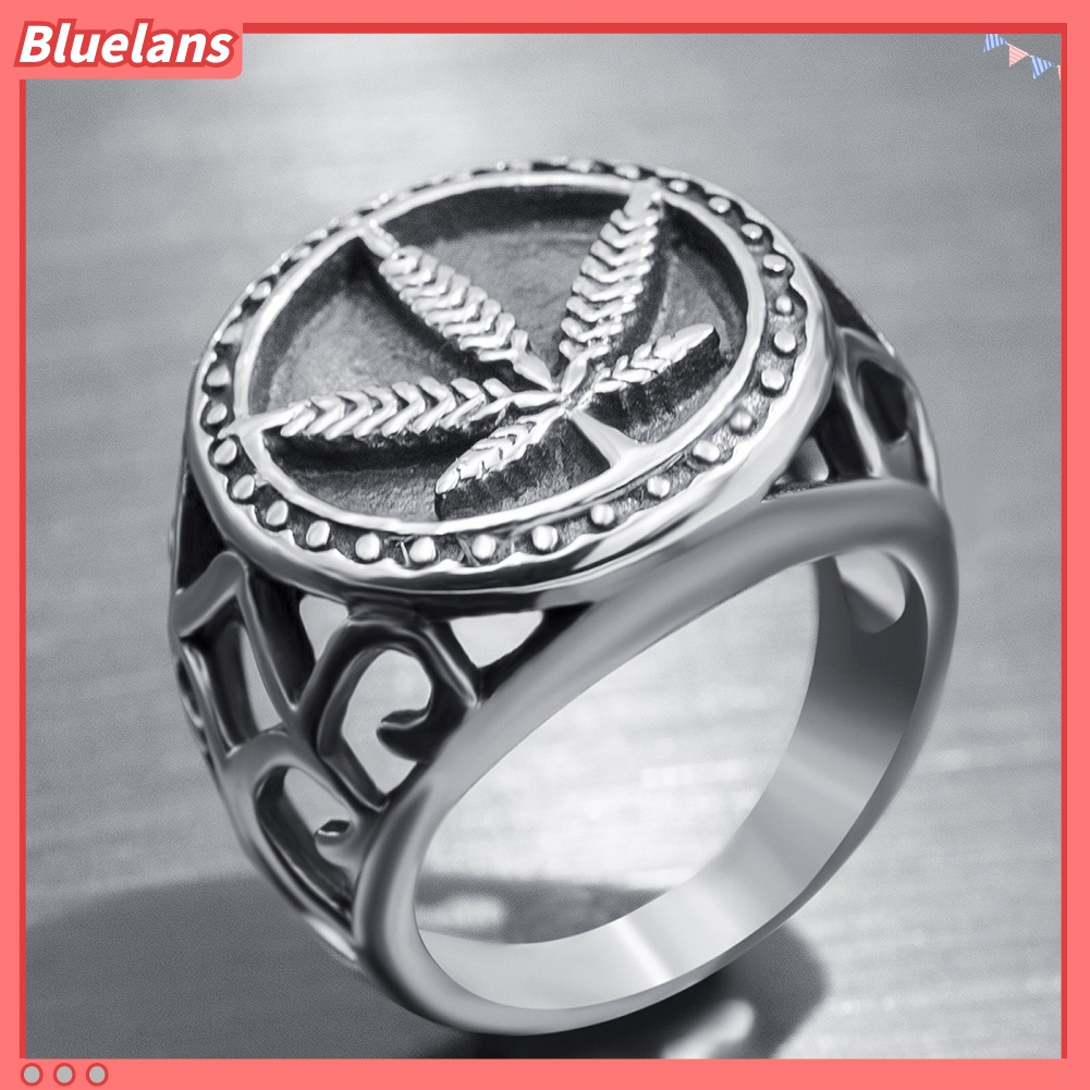 Bluelans Cincin Desain Daun Hollow Bahan Stainless Steel Gaya Punk Untuk Pria