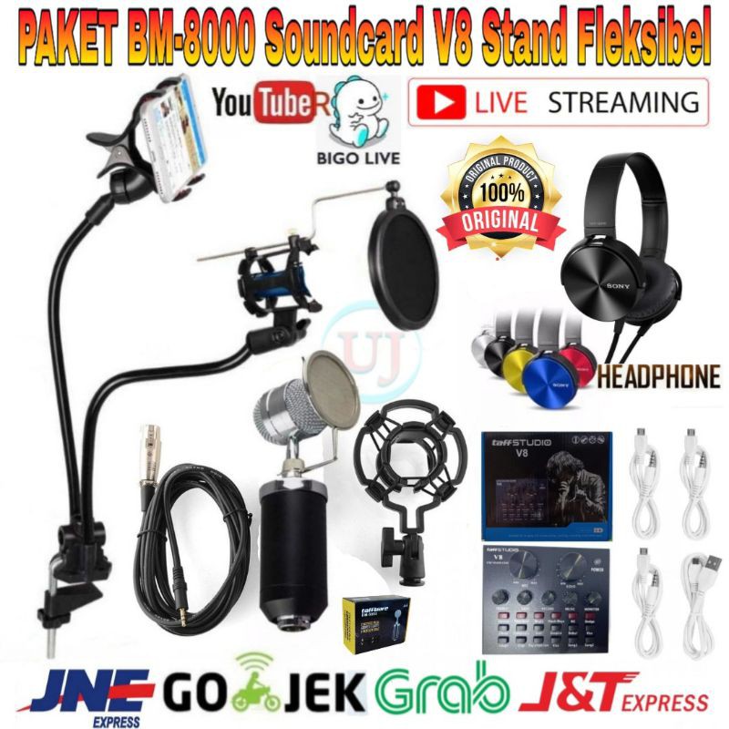 Paket Hemat Microphone BM-8000 Soundcard V8 Stand Fleksibel Home Recording