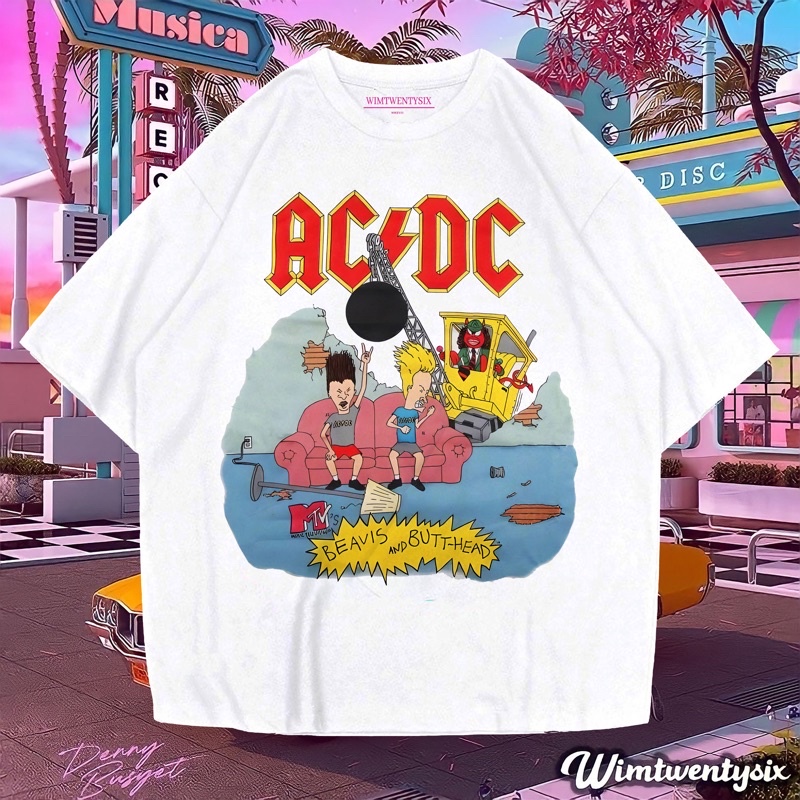 KAOS BAND ACDC BEAVIS AND BUTTHEAD VINTAGE TEE (OVERSIZE WHITE T-SHIRT)