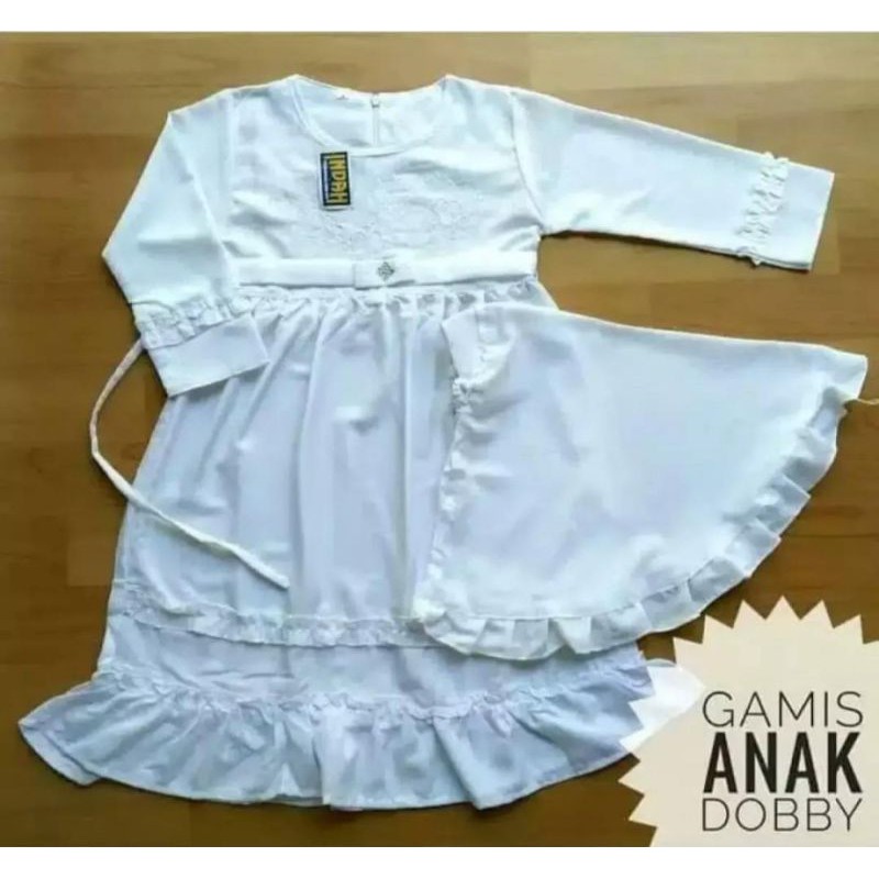 Gamis putih muslim anak perempuan panjang bahan dobby 1-12 tahun