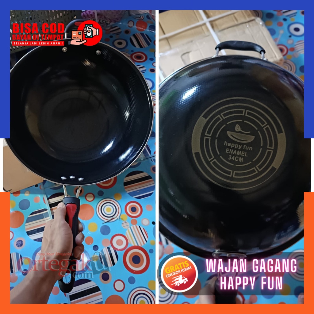 Wajan Enamel Gagang Kuping 34cm Anti Lengket | Wajan Penggorengan, Frypan Wajan Teflon 30cm, Wajan E