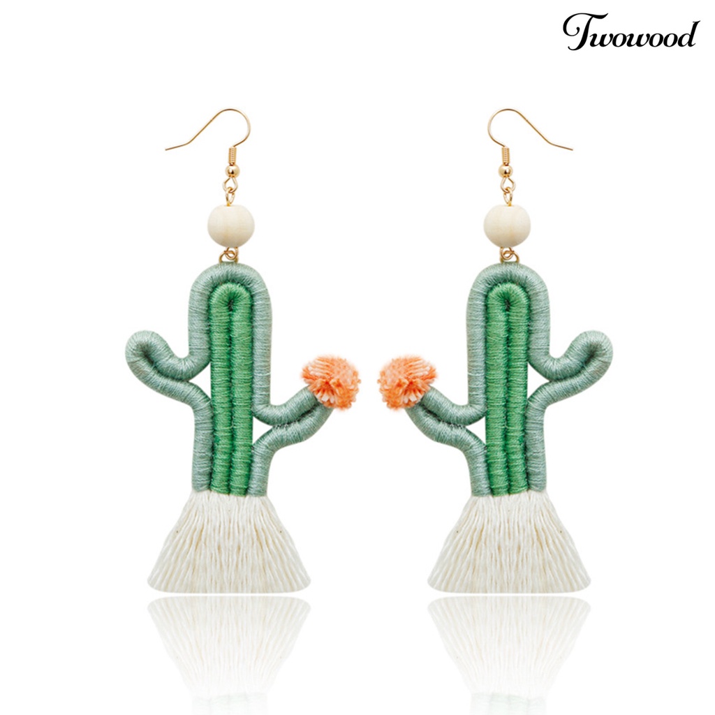 1 Pasang Anting Kait Juntai Bentuk Kaktus Rajutan Tangan Bahan Tali Katun Gaya Bohemian