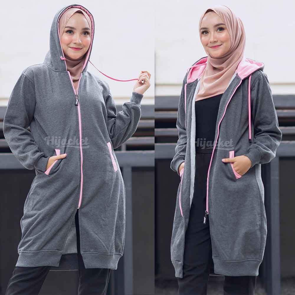 Jaket Jacket Polos Panjang Wanita Cewek Muslimah Hijabers Hoodie Kekinian Abu Tua Hijacket BC Misty-3