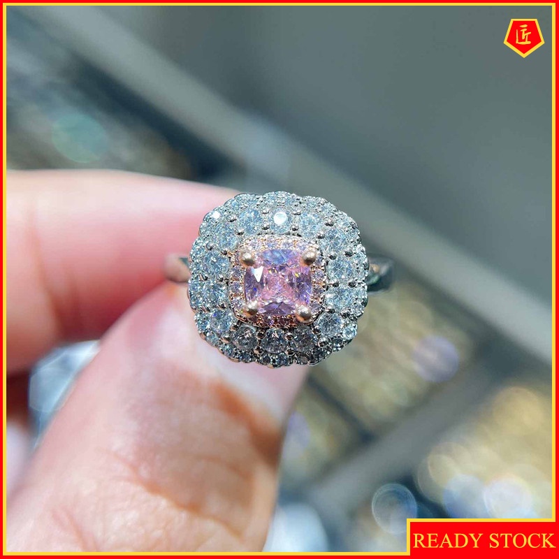 [Ready Stock]Luxury Micro-Inlaid Diamond Pink Crystal Ring Ins Style Simple