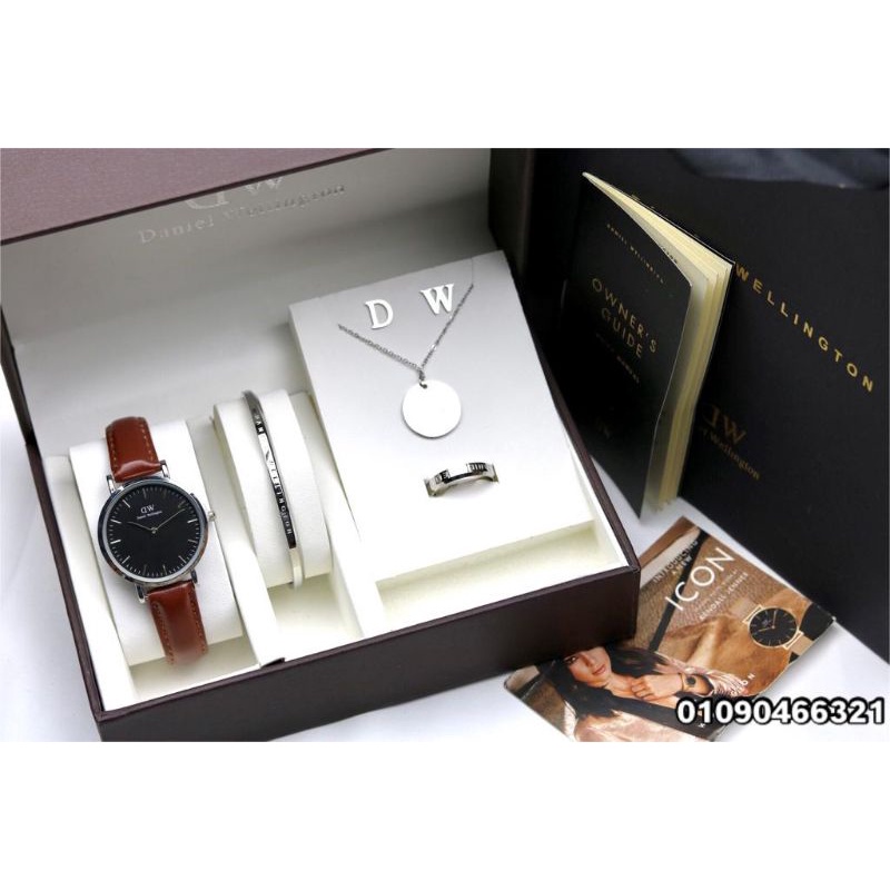 Jam tangan wanita Dw - Jam Tangan Wanita Tali Kulit Free Kalung+Gelang+Cinci
