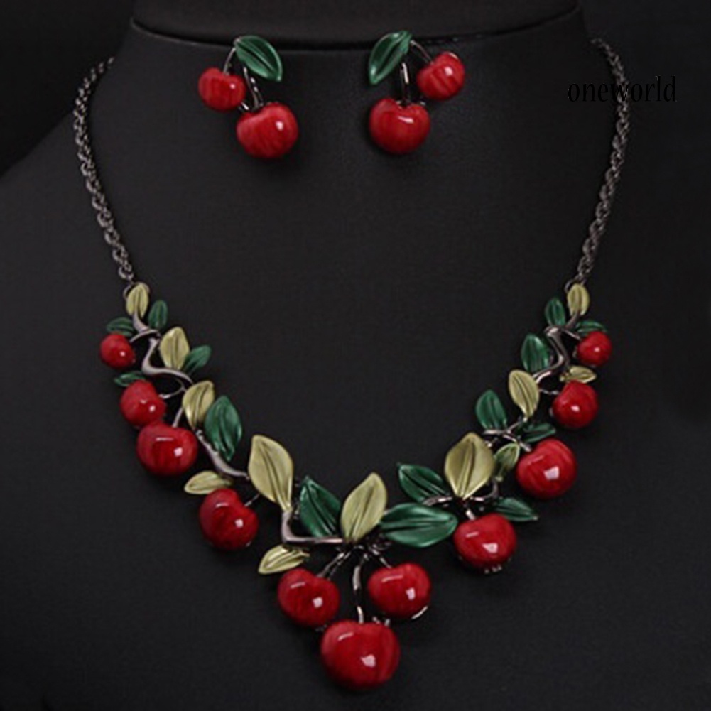 OW@ 1 Set Vintage Red Cherry Fruit Jewelry Set Chic Bridal Necklace Earrings