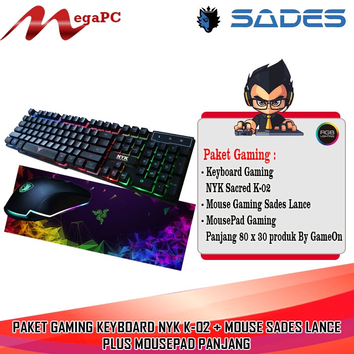 Paket Gaming Keyboard NYK K-02 + Mouse Sades Lance + Mousepad panjang