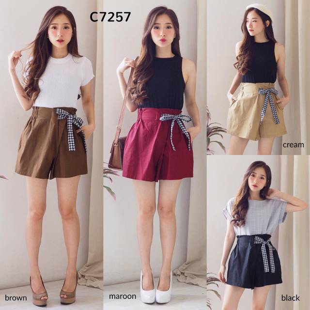 C7257 PLAID RIBBON SHORT PANTS