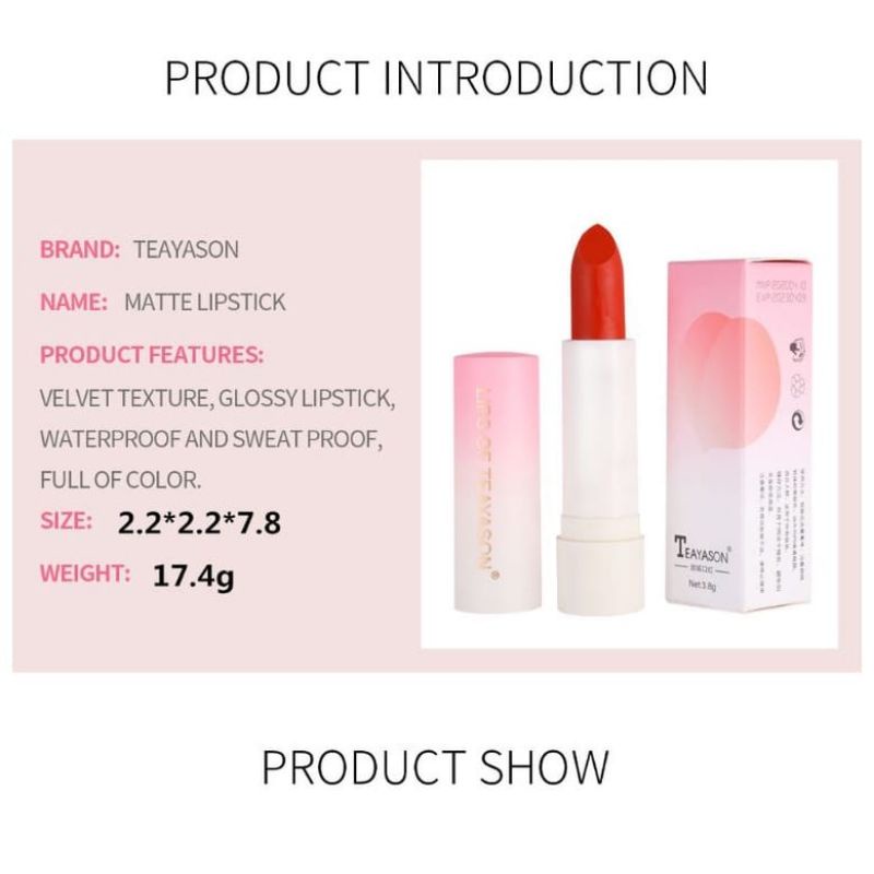 Medan Termurah Waterproof &amp; Long lasting Lipstick Matte Lipstik Velvet Texture Teayason