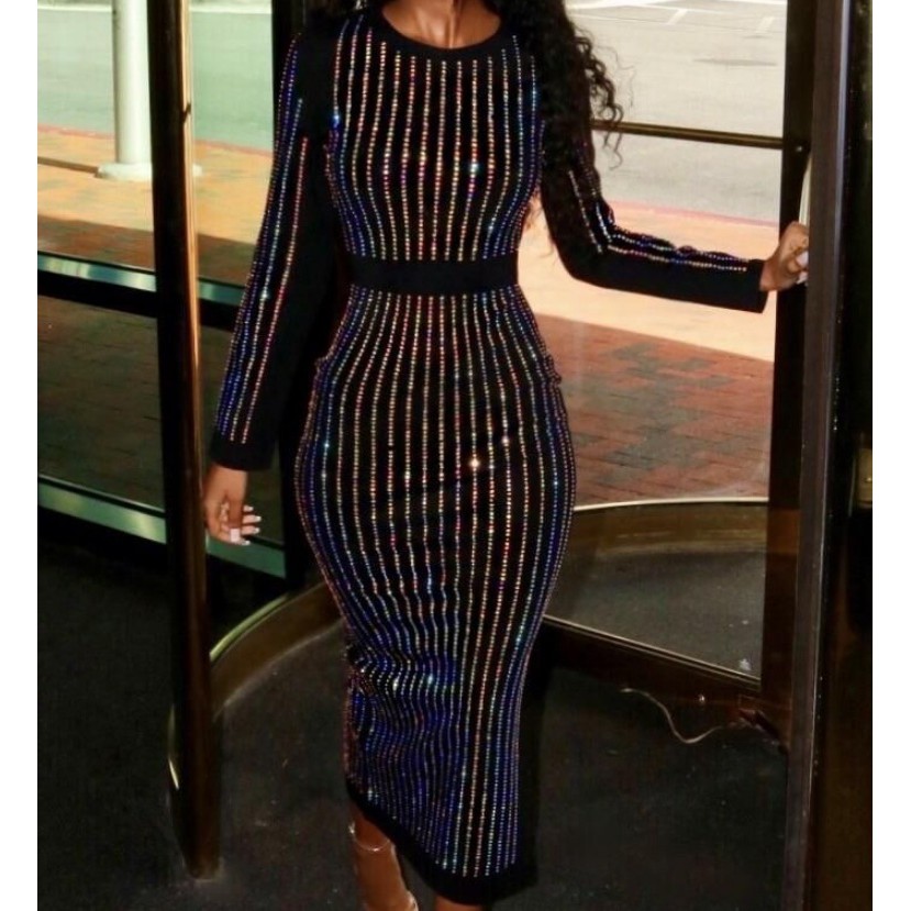 GROSIR New Mid-length Mini Dress Sexy Bodycon Hot Drilling Long Sleeve Party Dress