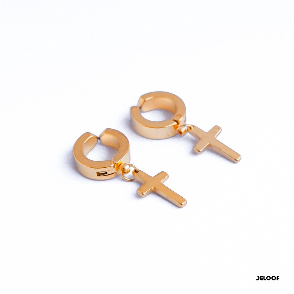 Jeloof Anting Salib Classic GOLD | JEPIT | Stainless Steel Antikarat | Classic Earring Anting Gold Anting Emas