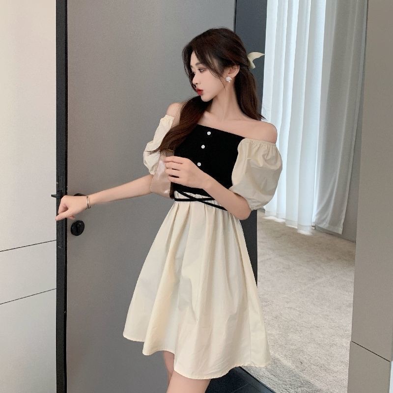 BKY - Korean Off Shoulder Midi Dress - Square Neckline - Puff Sleeves - Flare skirt - Dami