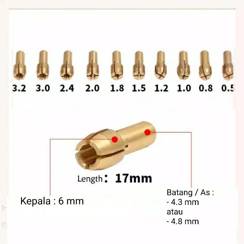 Set 10 pcs collet chuck untuk kepala bor mini drill tuner dremel diameter batang as 4.3mm atau 4.8mm