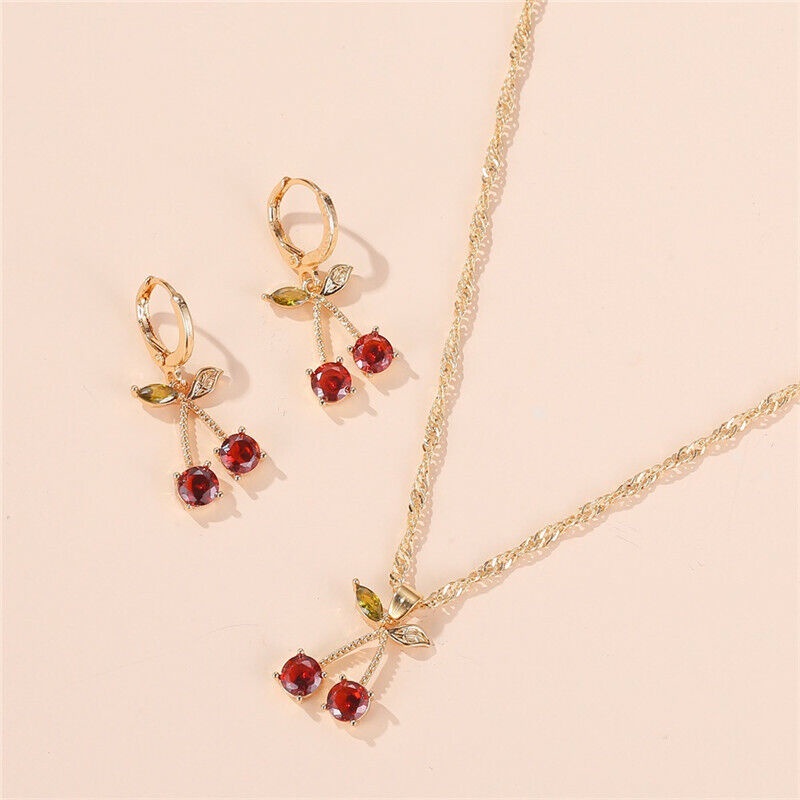 Set Kalung Anting Wanita Model Buah Cherry Merah Fashion Aksesoris Dalika