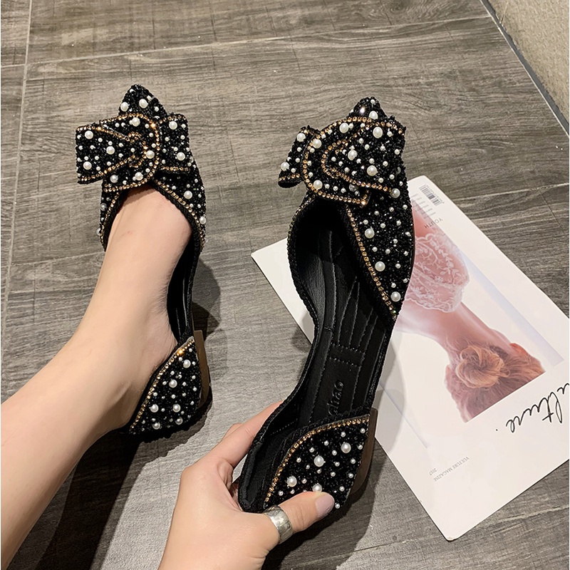 Sepatu Flat Shoes Wanita Import Pointed Toe Flats Balet Balerina Mutiara Kristal Sol Karet Murah Hitam Black Pink Gaya Korea - Ukuran 35 36 37 38 39 40