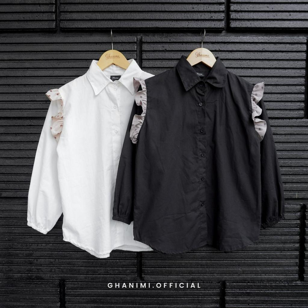 Ghanimi - Anna Shirt / Kemeja Polos Ruffle Polkadot / Kemeja Kerja / Atasan Kerja / Baju Kerja / Kemeja Polos / Kemeja Katun / Kemeja Casual / Kemeja Formal / Kemeja Timeless