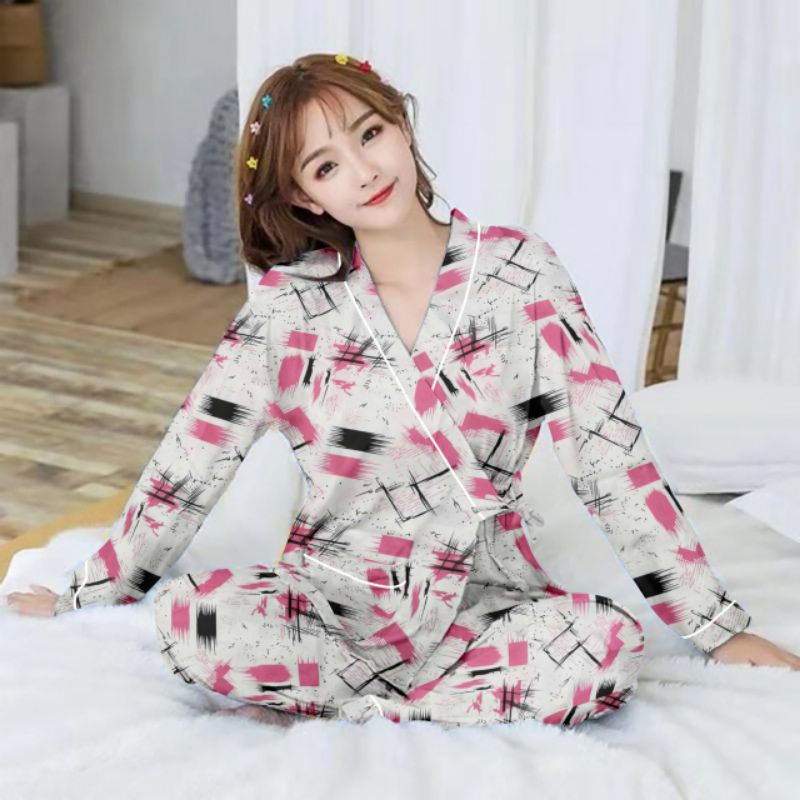 setelan kimono lengan panjang/kimono wanita/baju tidur kimono-Pp kim multi pink