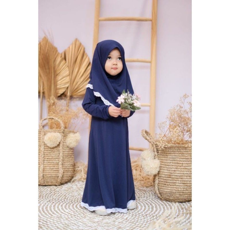 Gamis Meca Set Hijab Anak Perempuan Usia 6 Bulan-2 Tahun |Setelan Busana Bju Syari Bayi Terbaru 8 bln-1 Thn|Stelan Pakaian Tanggung Little Pineapple Baju Muslim Lucu