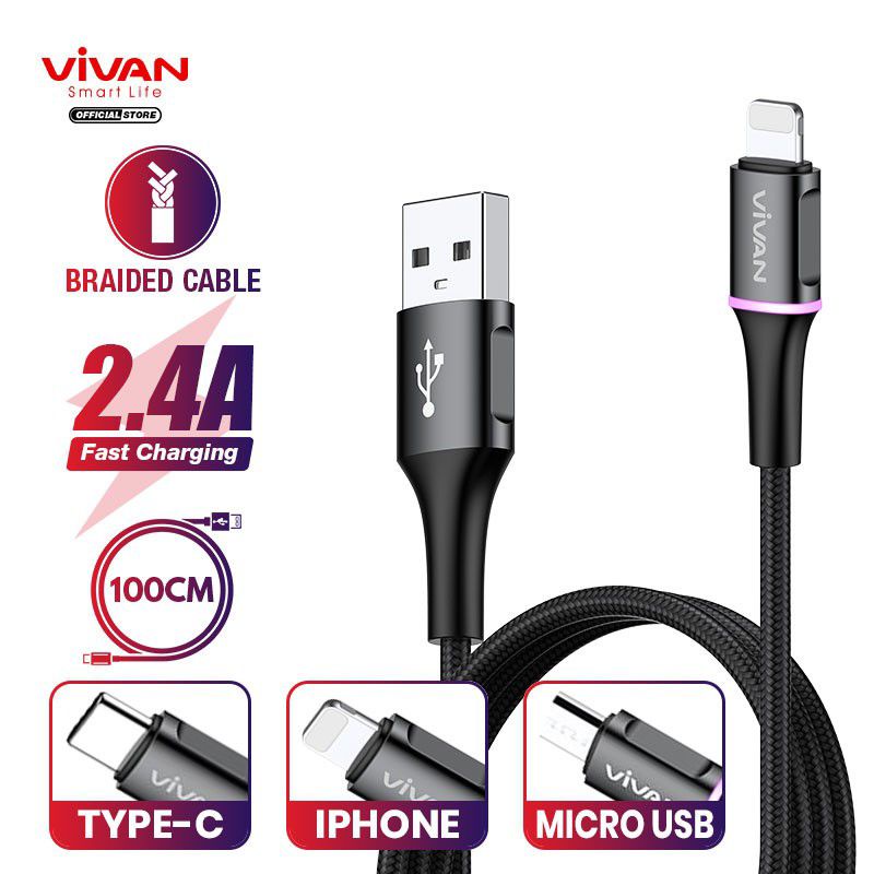 Kabel iPhone Lightning VIVAN VDL100 2.4A LED Light Quick Charge 1M - Garansi Resmi 1 Tahun