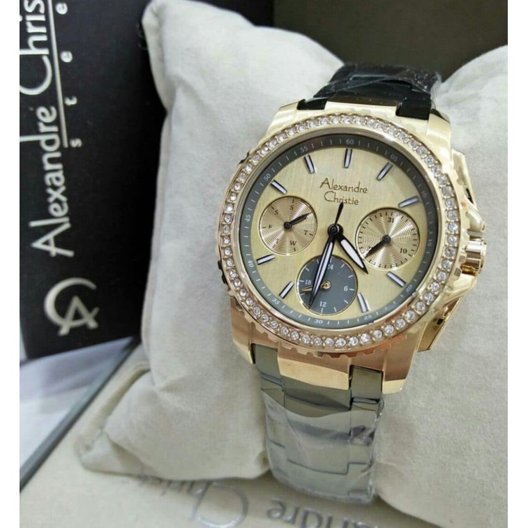 Jam Tangan Wanita Alexandre Christie AC 6455 Soft Green Gold Original