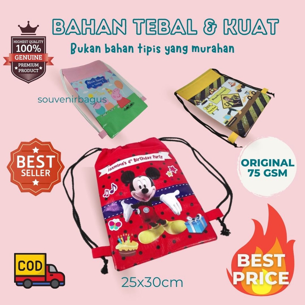 TERLARIS Tas Ultah Serut Backpack Goodie Bag Ulang Tahun Pakai Nama Custom String Bag Murah