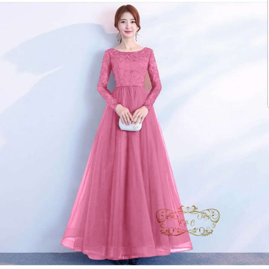 Baju Dress Pesta Natal Maxy Wanita Terbaru 2021 Maroon Navy Pink Maxi Tile Maurin bahan Brukat Lapis