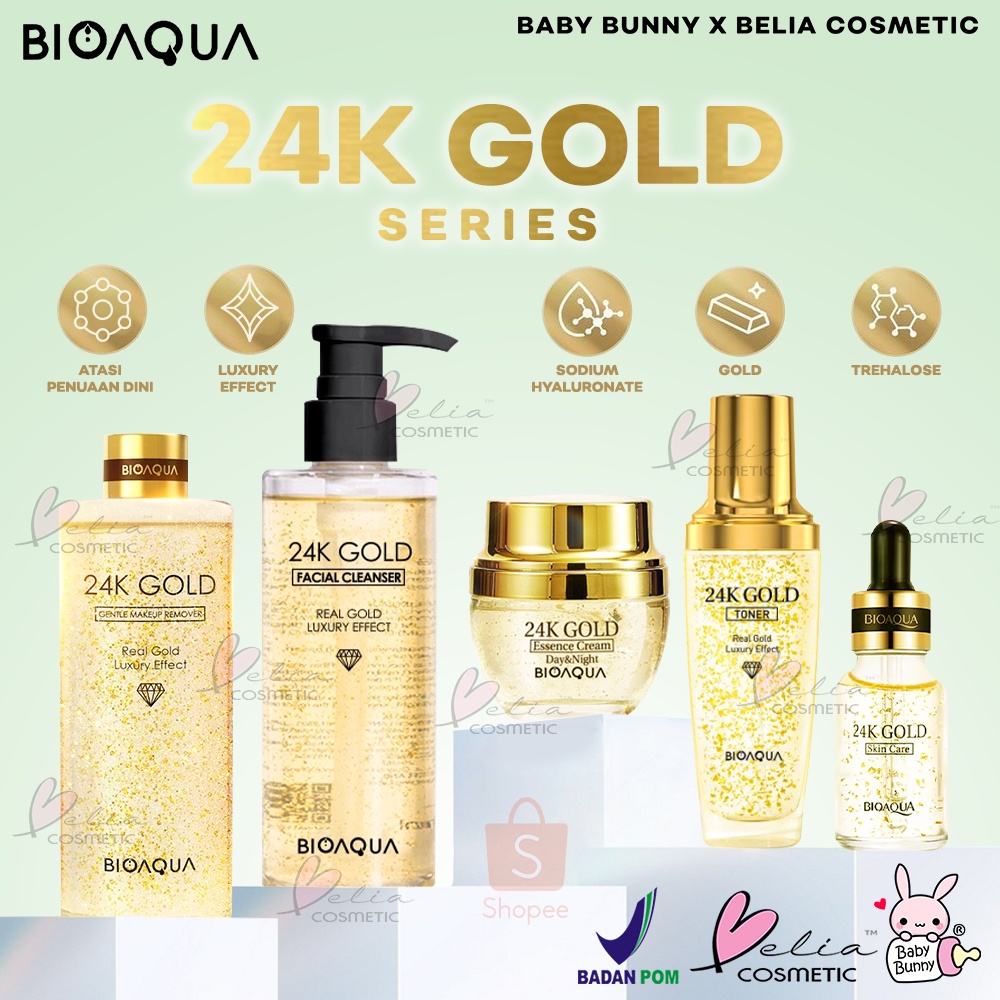 ❤ BELIA ❤ BIOAQUA 24K Gold Series | Facial Cleanser | Toner | Gentle Makeup Remover | Serum | Cream Essence | Trial Kit | 200ml | 100ml | 50ml | 30ml | 50g BPOM