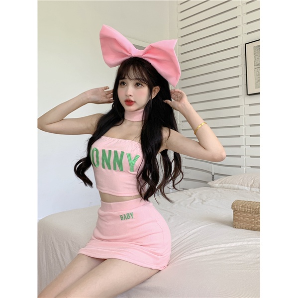 Strawberry Hitam ~ Musim Panas Baru Bordir Tube Top + Tas Pendek Pinggang Tinggi Hip Rok