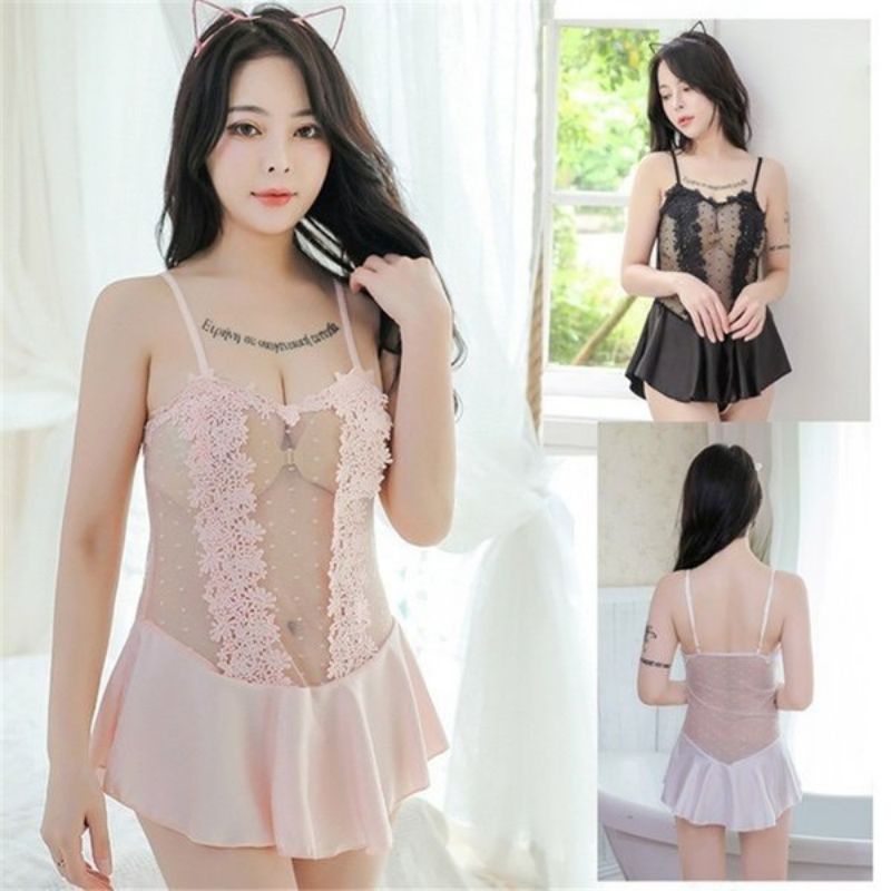 《Phiphii》Mini Dress Lingerie Satin Renda Polkadot Brokat Bunga Hitam Putih Pink