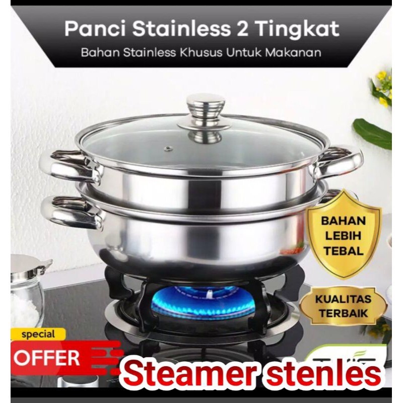 RB [PANCI KUKUS 2 SUSUN] STEAMER STEINLESS TUTUP KACA PANCI SOMAY SIOMAY PANCI 2 SUSUN TUTUP KACA