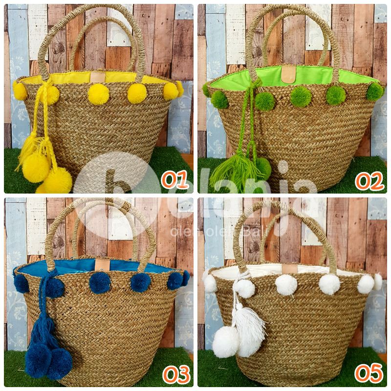 Tas Anyam Pompom  A / tas anyaman tas piknik prawedding