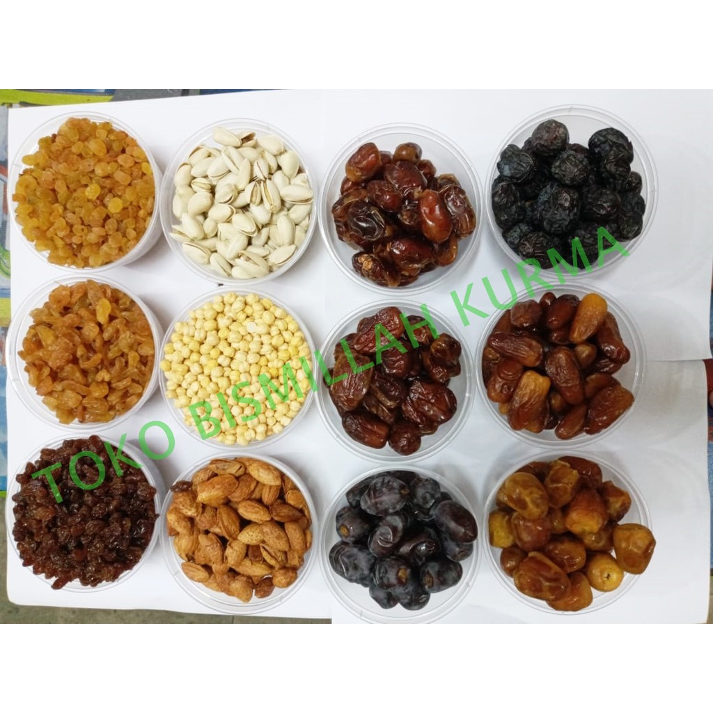 

Kurma Sukari Almond Kismis Khalas Kacang Arab Pistachio Coklat Kerikil Garam Himalaya paket hemat