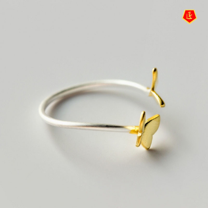 [Ready Stock]Korean-Style Simple Golden Double Butterfly Silver Ring