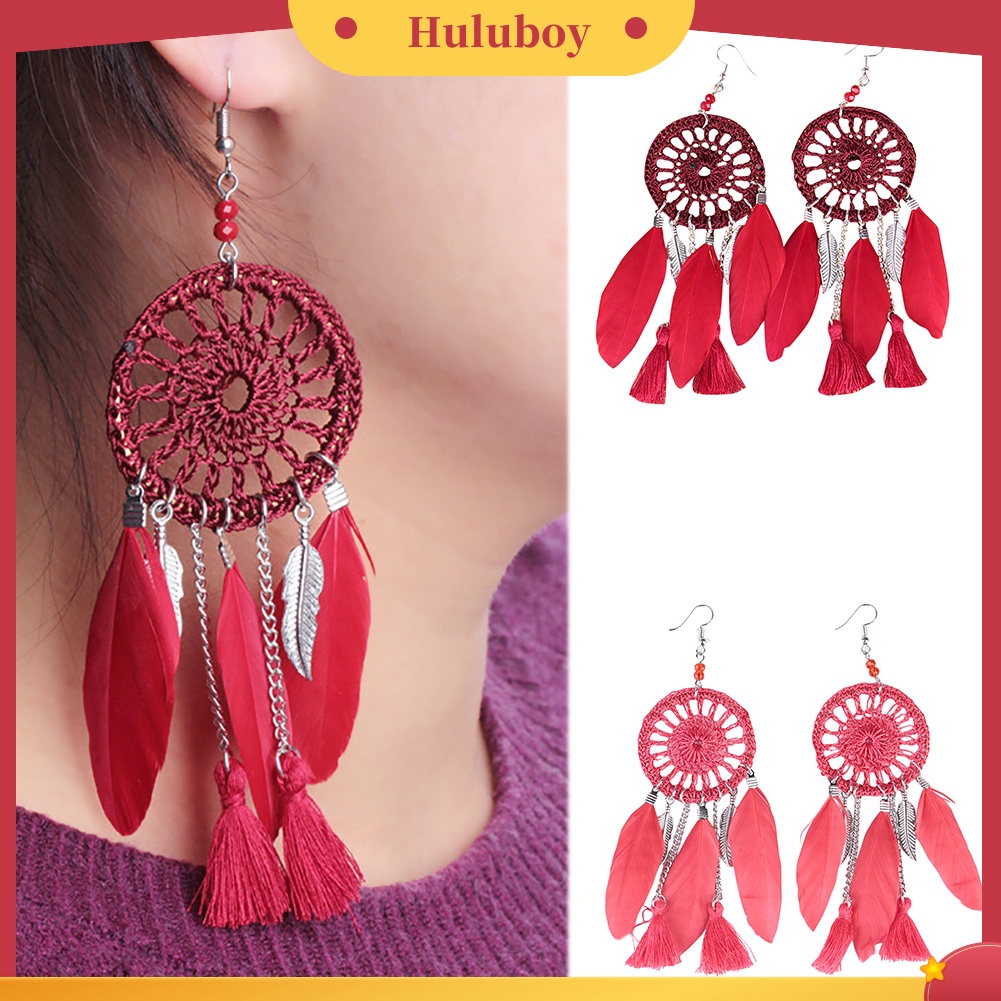 Hu Hu Hu Hu Hu Alat Bantu Pasang Kacamata♡ Anting Kait Gantung Panjang Wanita Desain Dream Catcher Etnik Hias Rumbai