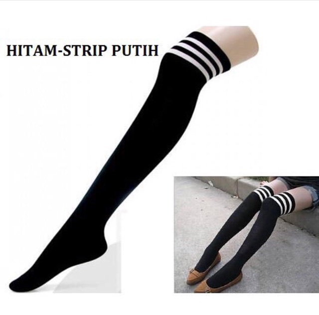 Kaos kaki overknee high knee socks import korea tiga strip stripe hitam cosplay