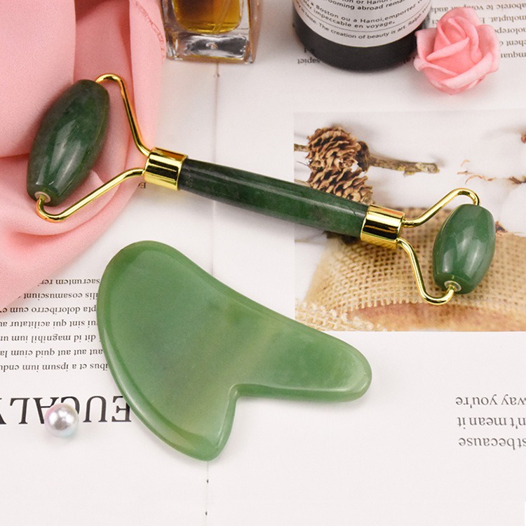 Alat Pemijat Pijat Wajah Roller dengan Batu Giok Jade Gua Sha Massager Facial Roller &amp; Under Eye Stone