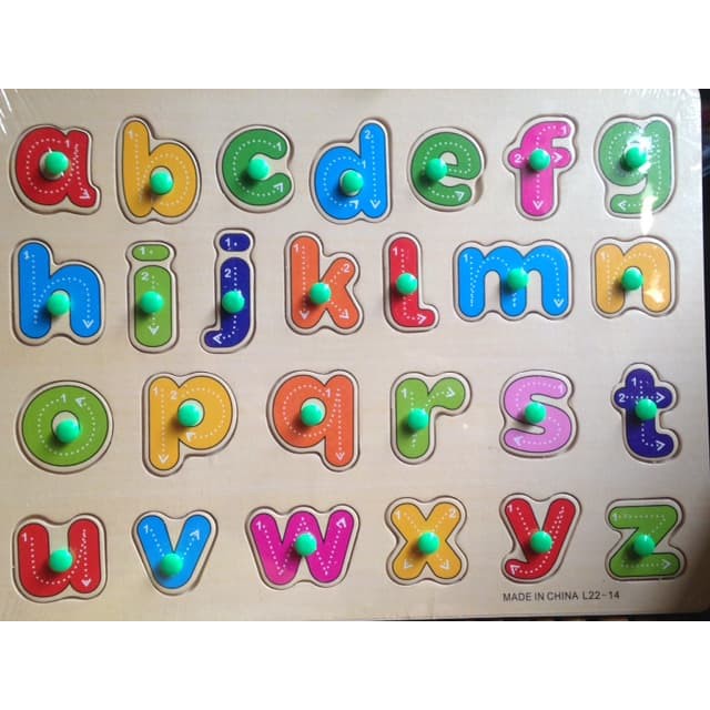Puzzle Kayu Huruf Kecil Wood Knop Mainan Edukasi Anak Bongkar Pasang